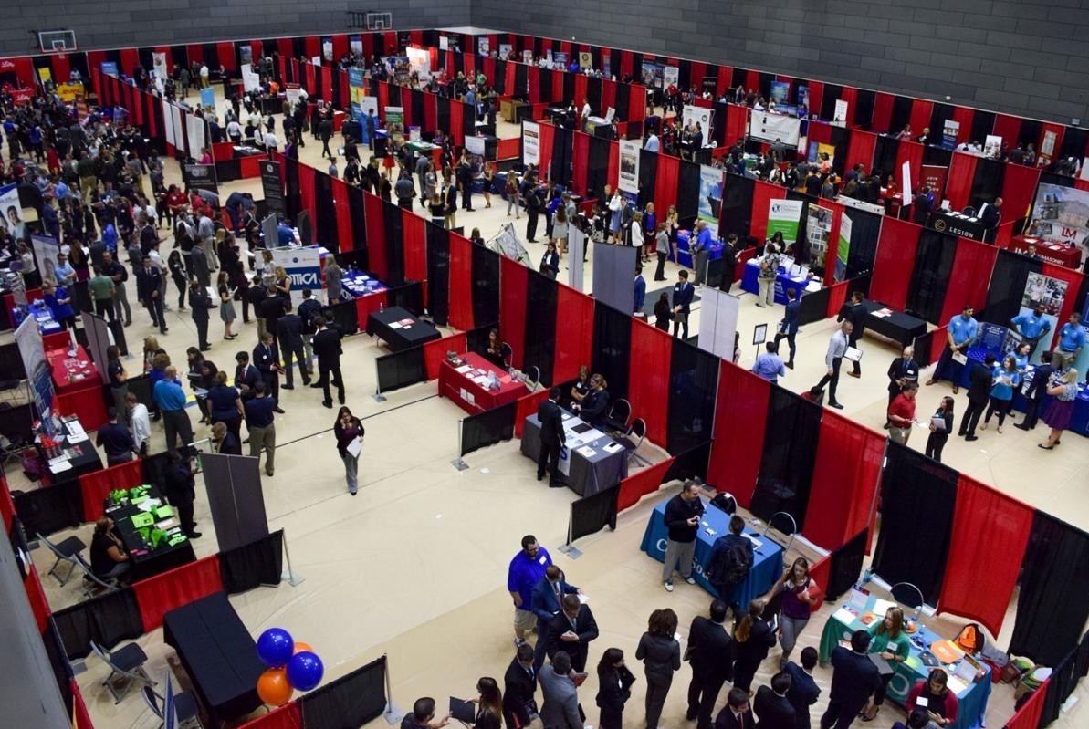 Crowd of students and employers at the career fair