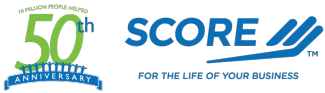SCORE logo with 50th anniversary icon and "For the life of your business" tagline
